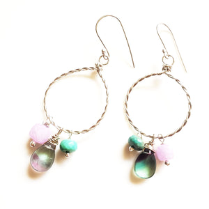 Whispering : Lavender Moonstone, Chrysoprase, Fluorite hoop earrings