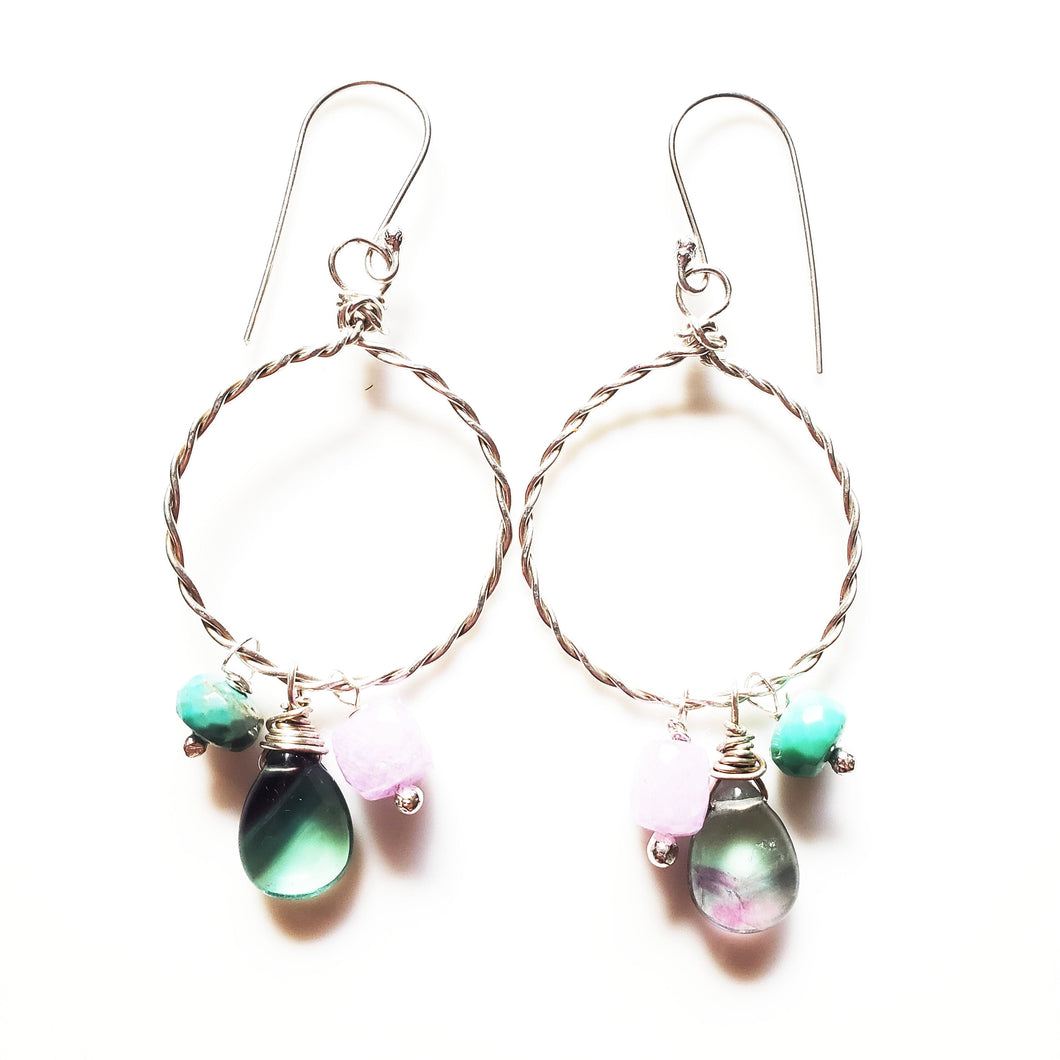 Whispering : Lavender Moonstone, Chrysoprase, Fluorite hoop earrings