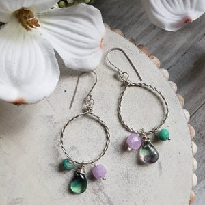 Whispering : Lavender Moonstone, Chrysoprase, Fluorite hoop earrings