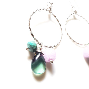 Whispering : Lavender Moonstone, Chrysoprase, Fluorite hoop earrings