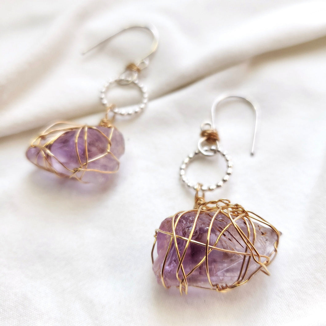 Raw stone jewelry, Lemurian Amethyst Earrings, A3