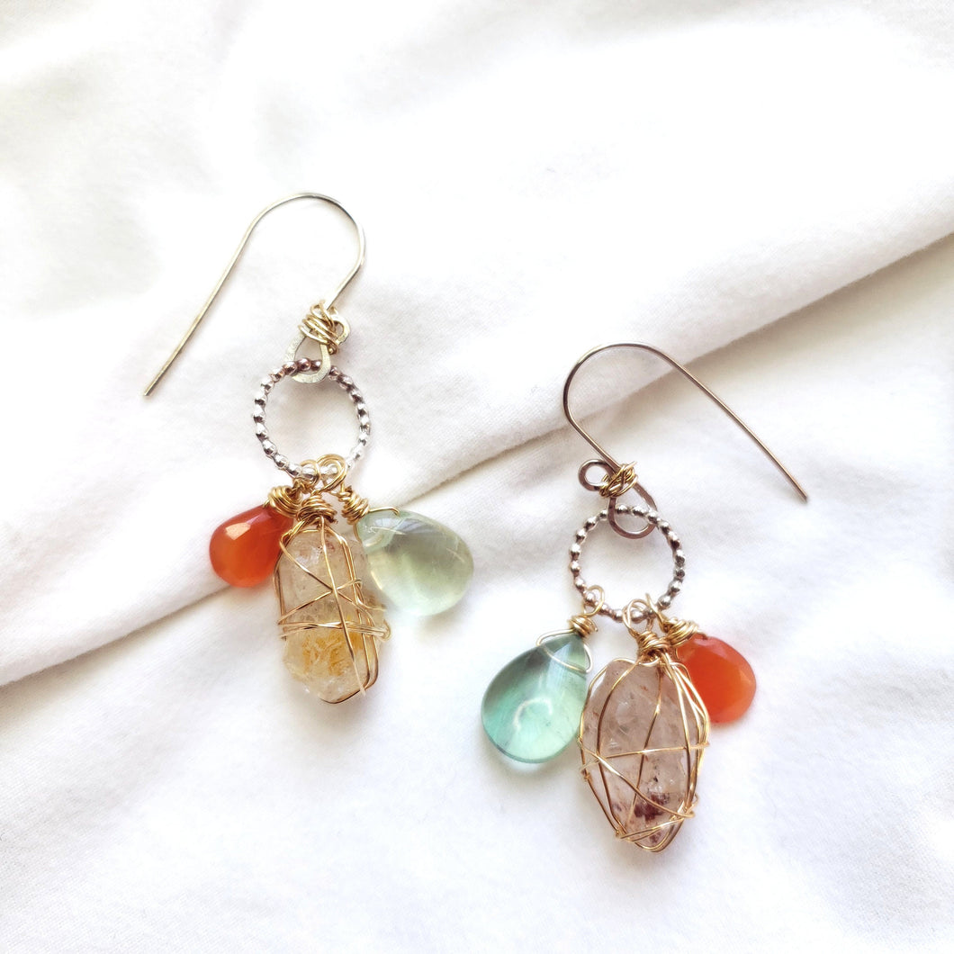 Fenster quartz with oil earrings /Carnelian, Fluorite