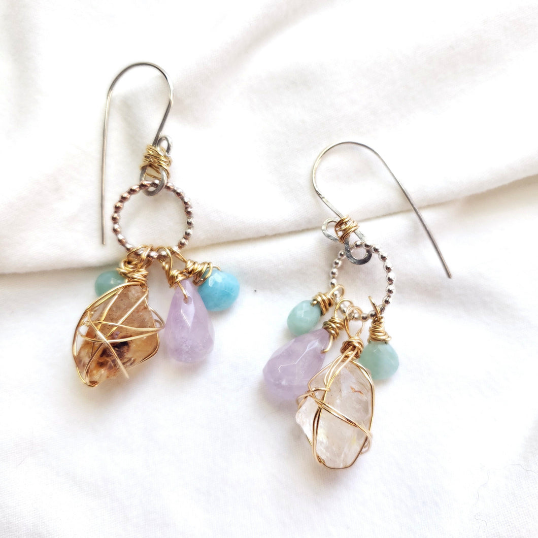 Fenster quartz with oil earrings/ Larimar, Amethyst