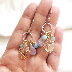 Fenster quartz with oil earrings/ Larimar, Amethyst