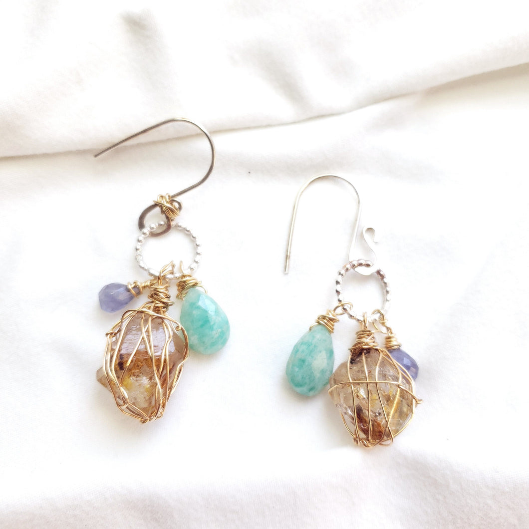 Fenster quartz with oil earrings/ Amazonite and Amethyst