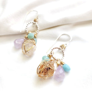 Fenster quartz with oil earrings/ Larimar, Amethyst