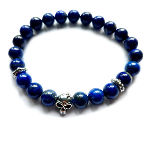 AAA Lapis Lazuli and Sterling silver skull beads bracelet  (8mm)