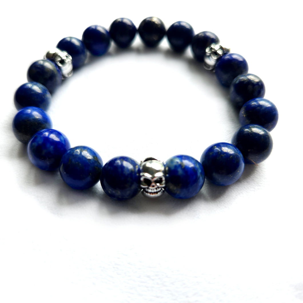 AAA Lapis Lazuli and Sterling silver skull beads bracelet (10mm)