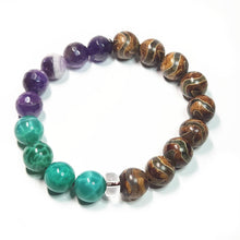 Load image into Gallery viewer, Materials: * Tibetan Hand Painted Beads (Brown) * Amethyst (Purple) * Clear Quartz * Agate (Green)