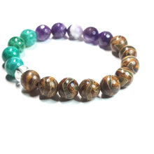 Load image into Gallery viewer, Materials: * Tibetan Hand Painted Beads (Brown) * Amethyst (Purple) * Clear Quartz * Agate (Green)