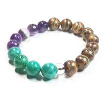 Load image into Gallery viewer, Materials: * Tibetan Hand Painted Beads (Brown) * Amethyst (Purple) * Clear Quartz * Agate (Green)