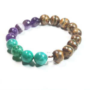 Materials: * Tibetan Hand Painted Beads (Brown) * Amethyst (Purple) * Clear Quartz * Agate (Green)