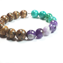 Load image into Gallery viewer, Materials: * Tibetan Hand Painted Beads (Brown) * Amethyst (Purple) * Clear Quartz * Agate (Green)