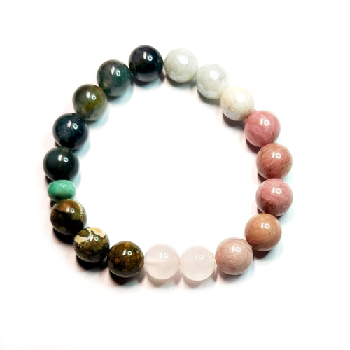 * Chrysoprase (Green) * Moss Agate (Green) * Crazy Lace Agate (Yellow/Brown) * Rhodonite (Pink) * Rose Quartz (Pink) * Rhyolite Jasper (Green)