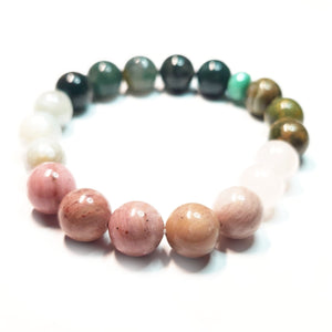 * Chrysoprase (Green) * Moss Agate (Green) * Crazy Lace Agate (Yellow/Brown) * Rhodonite (Pink) * Rose Quartz (Pink) * Rhyolite Jasper (Green)