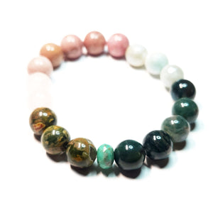 * Chrysoprase (Green) * Moss Agate (Green) * Crazy Lace Agate (Yellow/Brown) * Rhodonite (Pink) * Rose Quartz (Pink) * Rhyolite Jasper (Green)