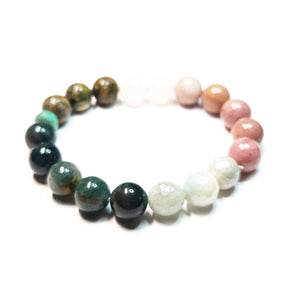 * Chrysoprase (Green) * Moss Agate (Green) * Crazy Lace Agate (Yellow/Brown) * Rhodonite (Pink) * Rose Quartz (Pink) * Rhyolite Jasper (Green)